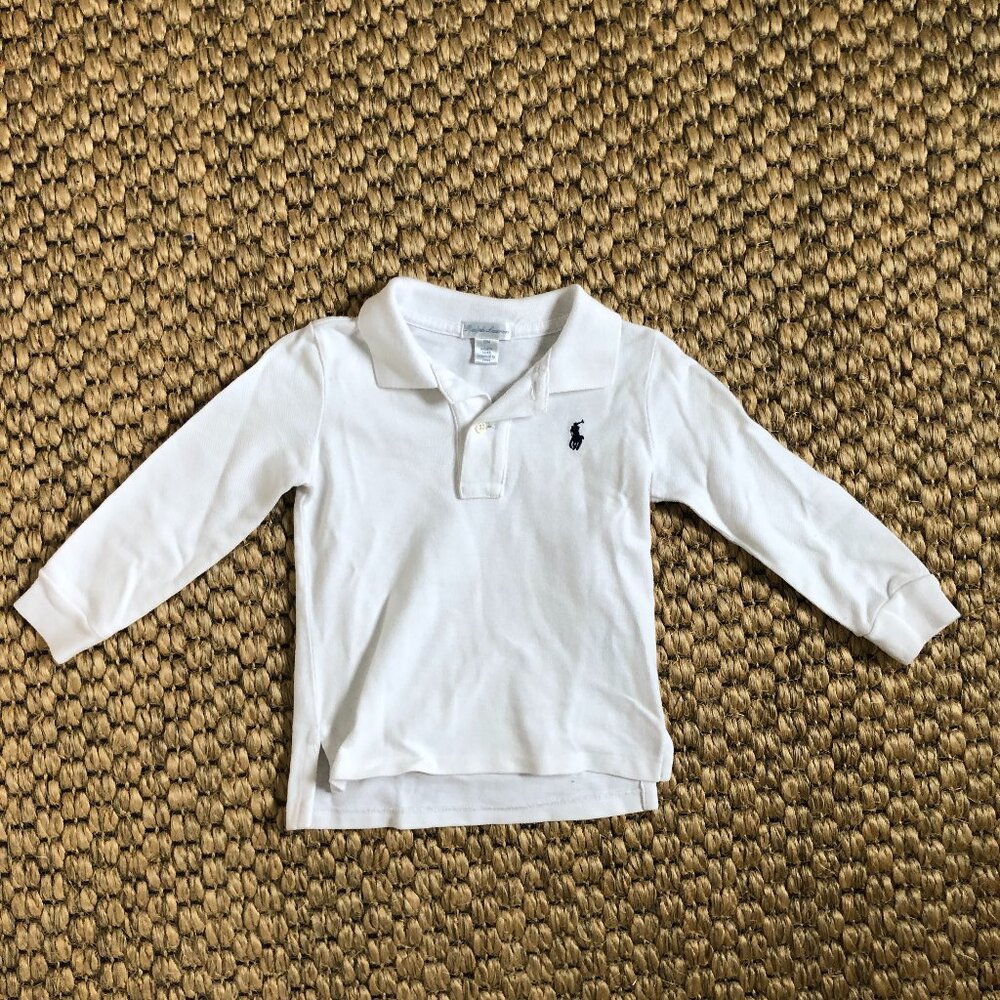 Ralph Lauren Boys 18M long sleeve white pique cotton polo collared shirt